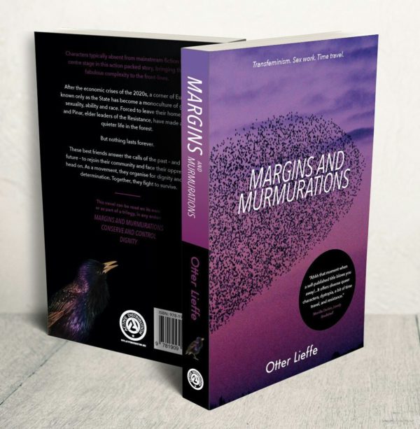 Front and back cover of Margins and Murmurations - a utopian trans speculative fiction novel with trans, queer, sex worker and nonbinary characters