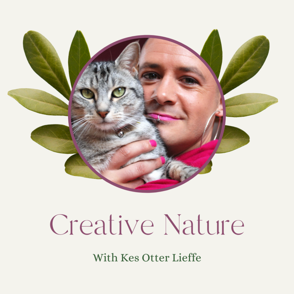 Creative Nature with Kes Otter Lieffe [an image of Kes Otter Lieffe and Moise the cat]. An interview with speculative fiction author, Kes Otter Lieffe