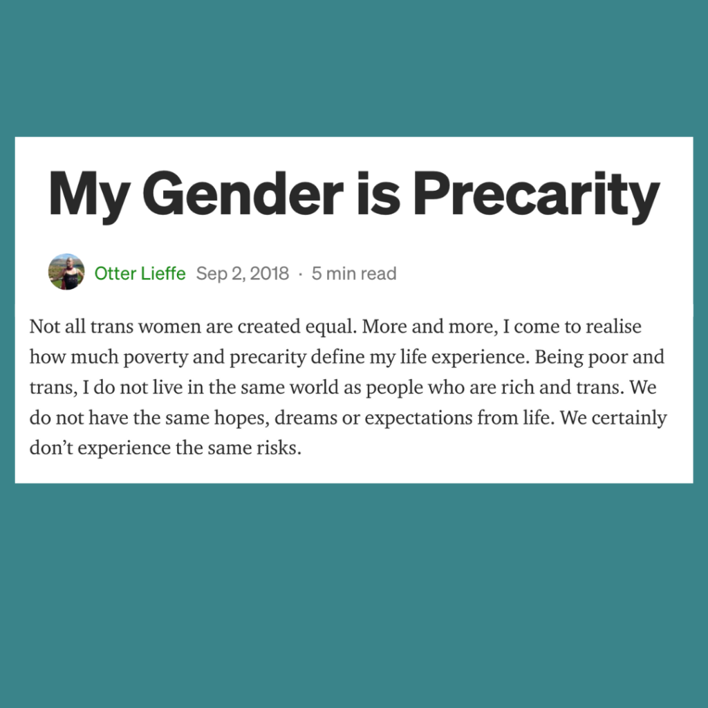 My Gender is Precarity. Links to an article on class and gender by trans speculative fiction author, Kes Otter Lieffe [text over a teal background]