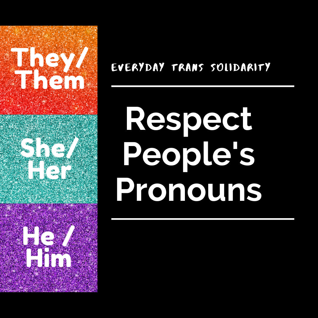 Everyday Trans Solidarity image by Charlie, and trans author, Kes Otter Lieffe. Text reads: Respect people's pronouns. They/them, she/her, he/him.