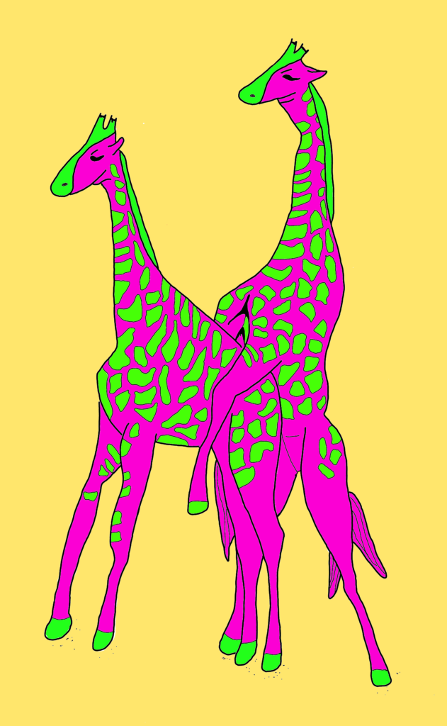 Gay giraffes illustration from Queer Animals Coloring zine. Written by author of trans speculative fiction, Kes Otter Lieffe. Illustrated by Anja Van Geert. This coloring zine celebrates the diversity of animals and our beautiful queer communities.