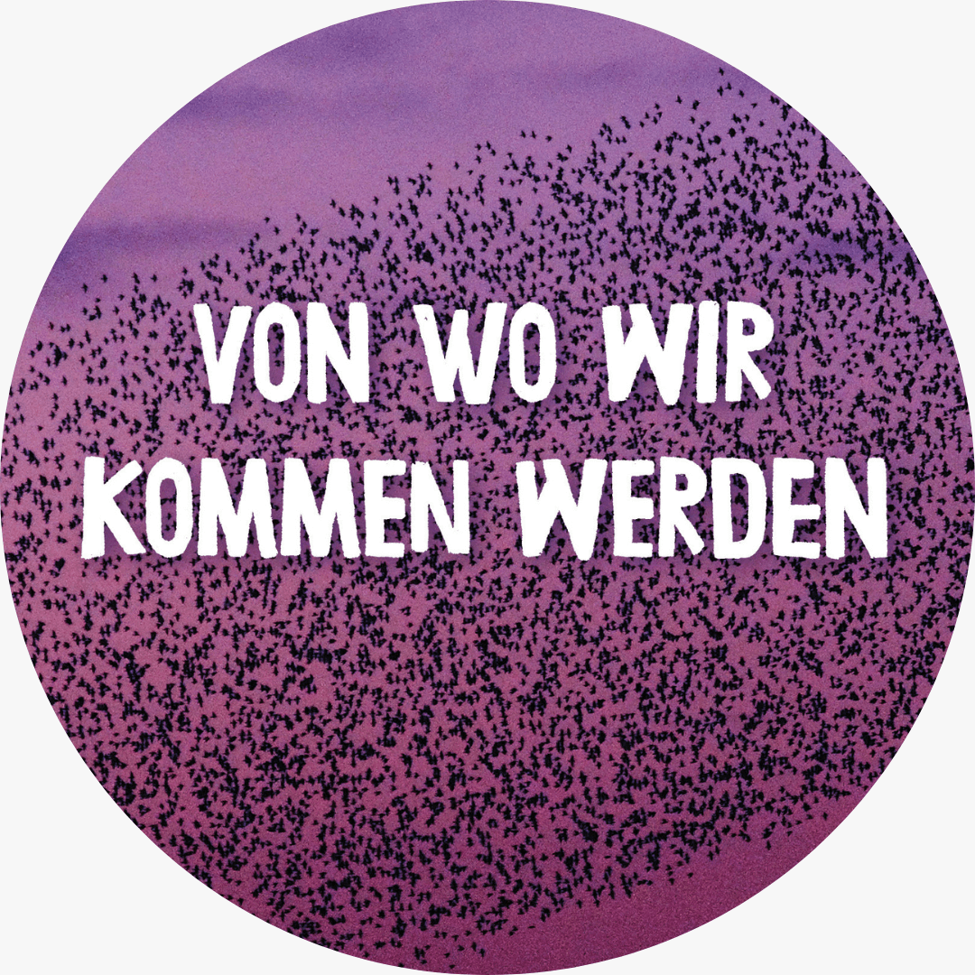 A circular crop of the front page of Von wo wir kommen werden, the German translation of Margins and Murmurations by Kes Otter Lieffe, author of utopian queer and trans speculative fiction novels and a book series on queer ecology.