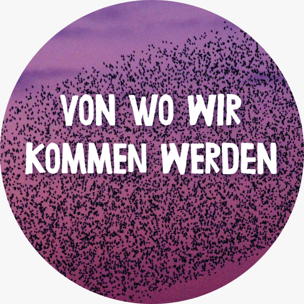 A circular crop of the front page of Von wo wir kommen werden, the German translation of Margins and Murmurations  by Kes Otter Lieffe, author of utopian queer and trans speculative fiction novels and a book series on queer ecology.