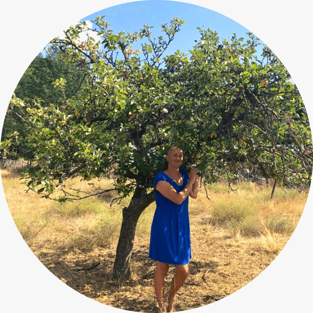 Photo of Kes Otter Lieffe, author of utopian trans speculative fiction novels and Queer Ecology writer. Kes stands in a blue dress beneath an apple tree in a grassy field