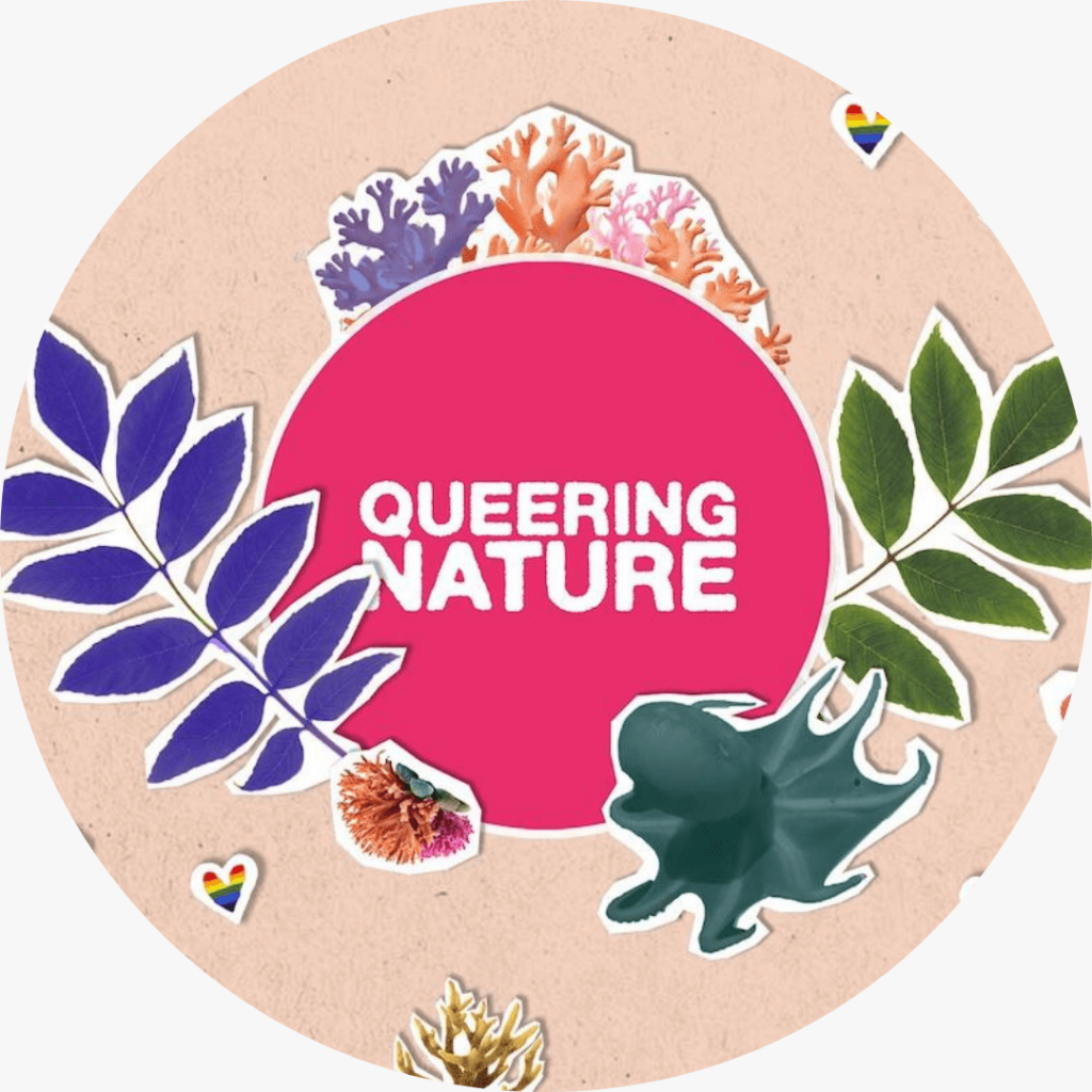 Flyer for the Queering Nature tour at the Berlin museum für Naturkunde. A circle with a peach background and various colourful illustrations of coral, octopus, plants and rainbow hearts